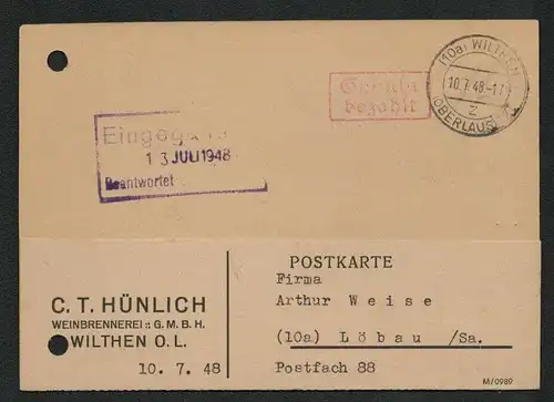 h5435 SBZ Währungsreform 1948 Postkarte Wilthen z Oberlausitz Gebühr bezahlt