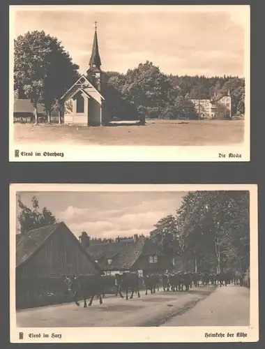 141778 2 AK Elend Oberharz Die Kirche Fotokarte Heimkehr der Kühe