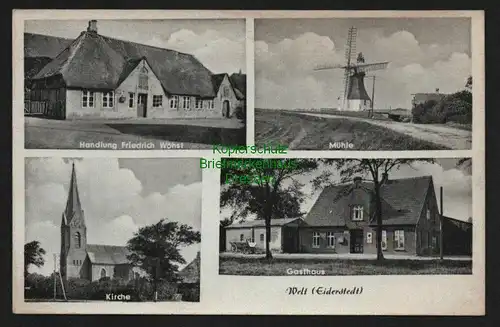 145148 AK Welt Eiderstedt um 1935 Windmühle Mole Kirche Gasthaus Handlung