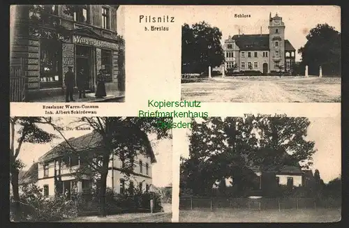 146550 AK Pilsnitz bei Breslau 1914 Breslauer Waren Consum Schloss Villa Dr. Kla