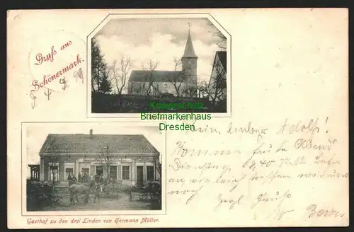 146317 AK Schönermark 1897 Kirche Gasthof zu den drei Linden von Hermann Müller