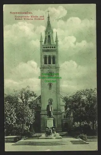 146850 AK Pila Schneidemühl 1908 Ev. Kirche und Kaiser Wilhelm Denkmal
