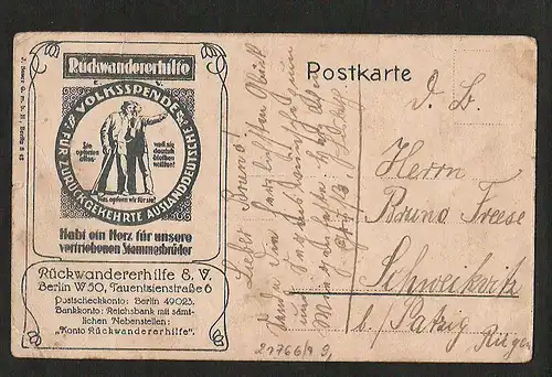 21766 AK Berlin um 1920 Rückwandererhilfe Volksspende Gedicht Neue Heimat