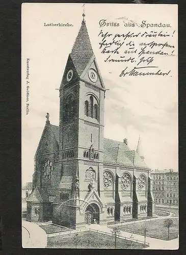 21467 AK Spandau Lutherkirche, gelaufen 14.5.1900 ,   Verlag J. Goldiner