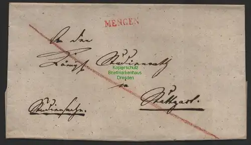 B10086 Vorphila Faltbrief Mengen rot Einzeiler ohne Inhalt um 1845 n. Stuttgart
