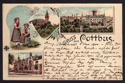 88404 AK Cottbus Litho 1900 Kreishaus Landgericht Frauen in Tracht