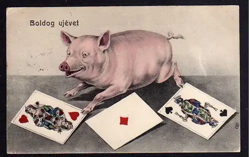 88129 AK Boldog ujevet Glückliches neues Jahr 1907 Glücksschwein Karten Spielkar