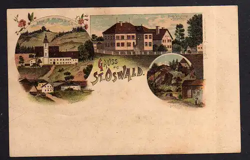 95933 AK St. Oswald Draxlschlag um 1900 Litho Brauerei Schule Forstamt