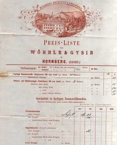 95383 Hornberg Baden 1877 Firmenrechnung Mechan. Buntweberei Hemdenfabrik