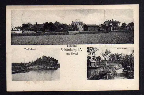 97973 AK Bahnhof Schönberg i. V. mit Hotel Teuchhäusel 1905