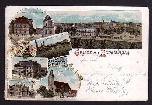97644 AK Zwenkau Litho 1898 Pegauer Platz Schule Rathaus Kirche