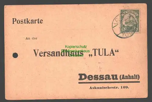 B7745 Togo Bestellkarte Lome 1911 eines Afrikaners an Versandhaus  Tula Dessau