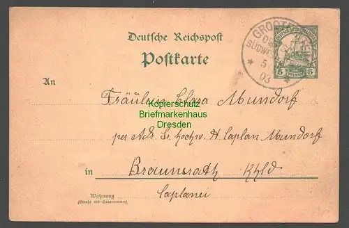 B7764 Deutsch Südwestafrika Postkarte Grootfontein 1903 n. Braunsrath Rheinland