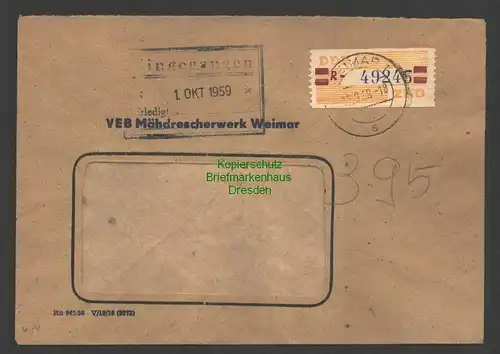 B7539 DDR ZKD Brief 25 R Weimar 1959 VEB Mähdrescherwerk nach Arnstadt