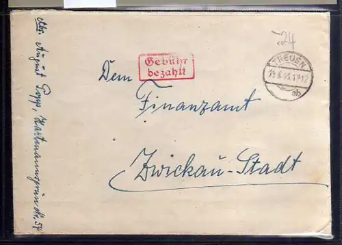 B800 SBZ Brief Gebühr bezahlt 1945 Treuen an Finanzamt Zwickau Stadt