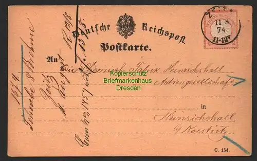 B8631 DR 18 grosses Brustschild Correspondenz Karte Zeitz 1874 n. Heinrichshall