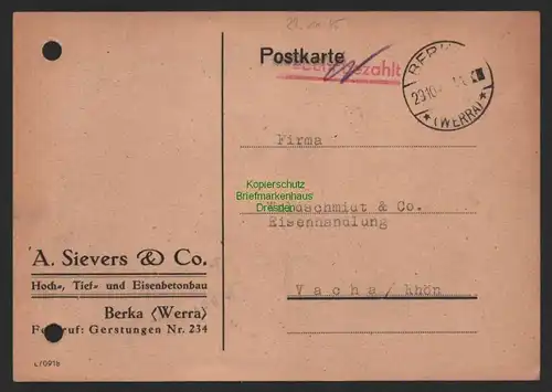 B9904 Postkarte SBZ Gebühr bezahlt 1945 Berka Werra Baufirma Sievers nach Vacha