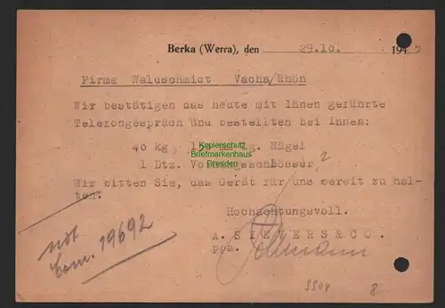 B9904 Postkarte SBZ Gebühr bezahlt 1945 Berka Werra Baufirma Sievers nach Vacha