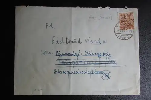 Brief Bezirkshandstempel Bezirk 27 Aue 30.6.48 nach Cunnersdorf / Königstein