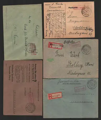 B9865 5x Brief / Postkarte SBZ Gebühr bezahlt 1945 Gernrode 1948 Währungsreform