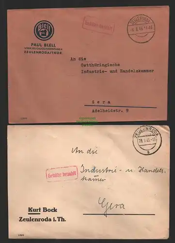 B9926 2x Brief SBZ Gebühr bezahlt 1945 Zeulenroda nach Gera