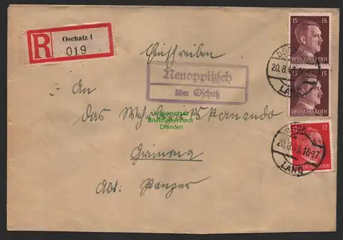 B9648 R-Brief Oschatz 1 Neuoppitzsch  1943 Wehrbezirkskommando in Grimma