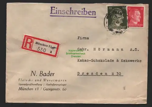 B9590 R-Brief Gebr. Hörmann A.-G. München 13 a N. Bader 1943 Fleisch Wurstwaren