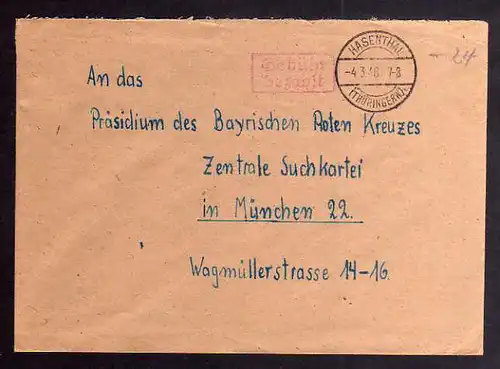 B965 SBZ Brief Gebühr bezahlt 1946 Hasenthal bei Sonneberg an Zentrale Suchkarte