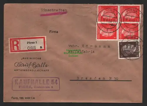 B9691 R-Brief Gebr. Hörmann A.-G. Pirna 1 088 1943 Rheinische Kaufhalle AG
