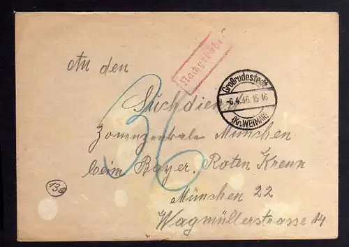 B961 SBZ Brief Nachgebühr 1946 Großrudestedt Kr. Weimar an Zentrale Suchkartei M