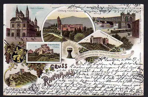 78332 AK Litho Rheinpfalz Speier Limburg Drachenfels Maxburg 1897 Rheinbrücke