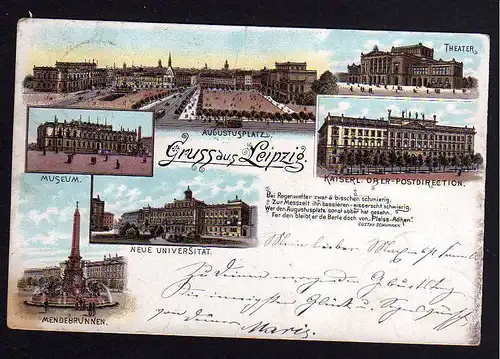 78705 AK Leipzig Litho 1896 Augustusplatz Kaiserl. Ober Postdirektion Museum UNI
