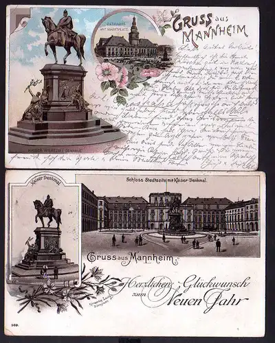 78473 2 AK Mannheim Litho 1896 1897 Rathaus Schloss Kaiser Wilhelm Denkmal