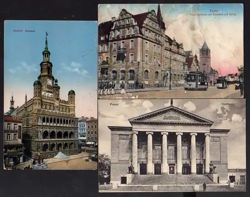 92424 3 AK Posen Kgl. Residenzschloß Straßenbahn 1916 Stadttheater Rathaus 1914