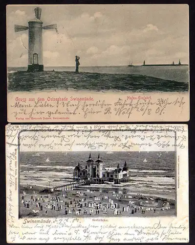 92404 2 AK Swinemünde Windmühle Mole Hafeneinfahrt 1901 Seebrücke 1904