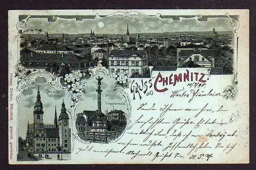 91875 AK Chemnitz 1898 Altes Rathaus Siegesdenkmal Mondscheinlitho
