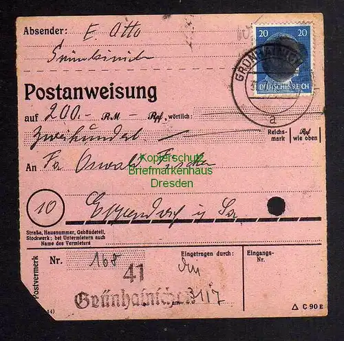B3035 Sächsische Schwärzung 1945 Postanweisung 41 Grünhainichen 31.7. Eppendorf