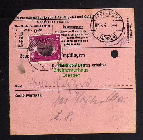 B3035 Sächsische Schwärzung 1945 Postanweisung 41 Grünhainichen 31.7. Eppendorf