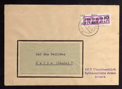 B2503 Brief DDR ZKD 15 8001 1957 VEB Maschinenfabrik Kyffhäuserhütte Artern Hall