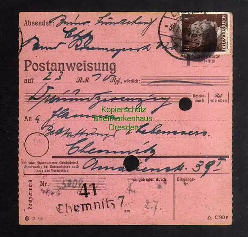 B2893 Sächsische Schwärzung 1945 Postanweisung 41 Chemnitz 3.7.45
