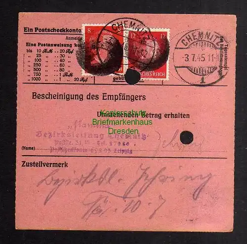 B2893 Sächsische Schwärzung 1945 Postanweisung 41 Chemnitz 3.7.45