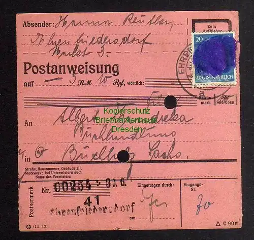 B3030 Sächsische Schwärzung 1945 Postanweisung 41 Ehrenfriedersdorf - Buchholz