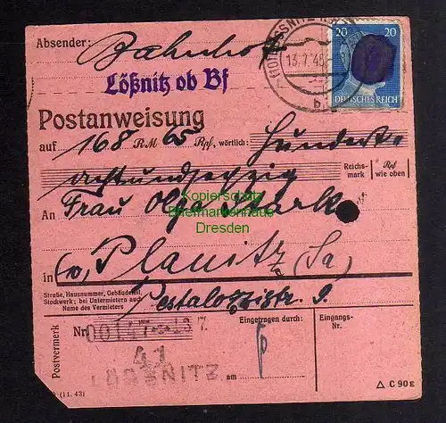 B3002 Sächsische Schwärzung 1945 Postanweisung 41 Lössnitz 13.7. Plausitz