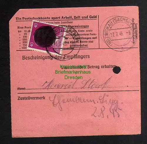 B3002 Sächsische Schwärzung 1945 Postanweisung 41 Lössnitz 13.7. Plausitz