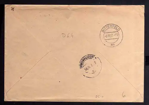 B2510 Brief DDR ZKD 15 8004 + Entwertet 1957 Deutsche Notenbank Bitterfeld nach