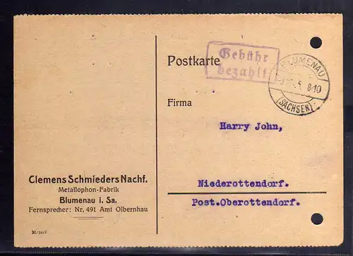 B271 SBZ Gebühr bezahlt 1945 Blumenau Sachsen Amt Olbernhau Metallophon Fabrik