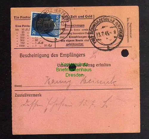 B3001 Sächsische Schwärzung 1945 Postanweisung 41 Lössnitz Erzg. 12.7. Schwarzen