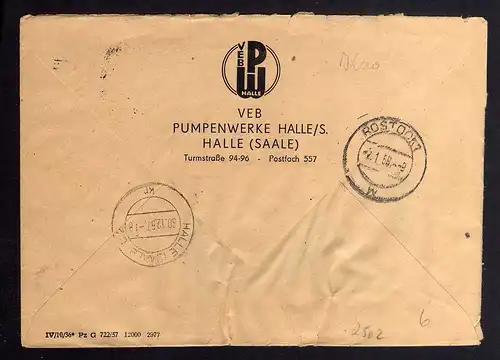 B2502 Brief DDR ZKD 15 8000 1957 VEB Pumpenwerke Halle Saale nach Rostock