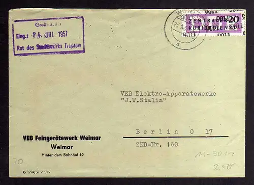 B2546 Brief DDR ZKD 11 9011 1957 VEB Feingerätewerk Weimarnach Berlin O 17