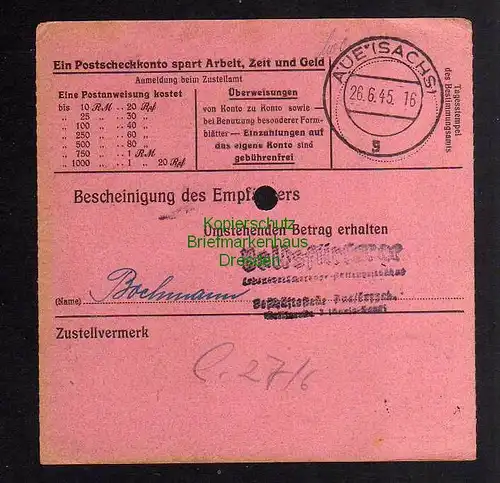 B2986 Sächsische Schwärzung 1945 Postanweisung 41 Eibenstock 26.6. Aue